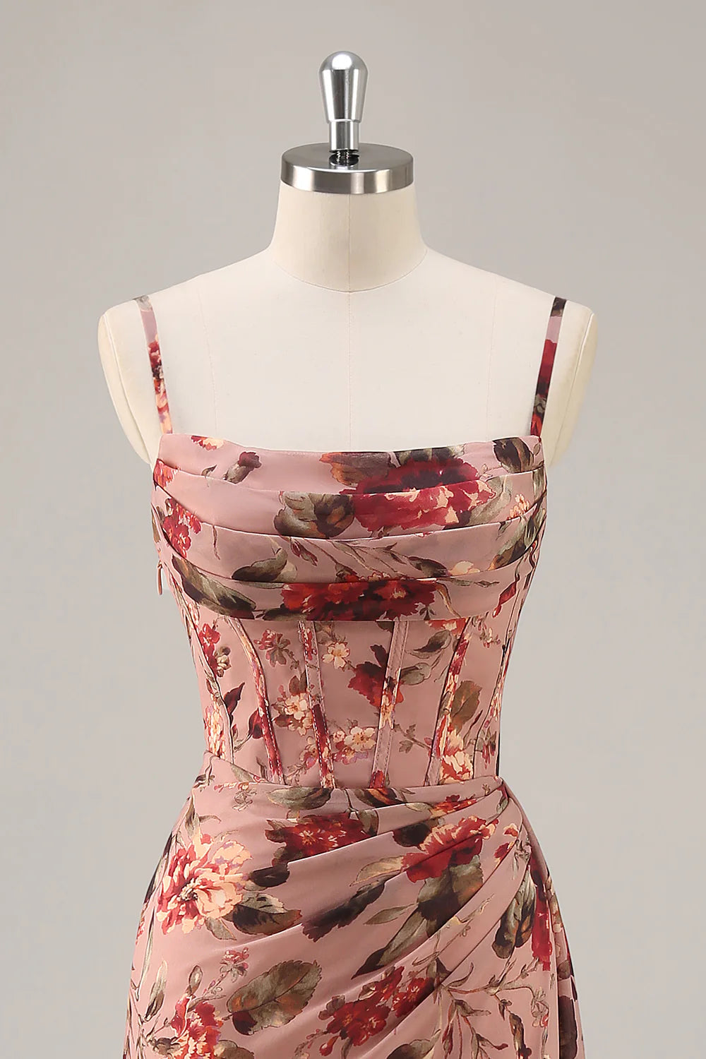 Dusty Rose Flower Spaghetti Straps Corset Ruched Long Bridesmaid Dress with Slit