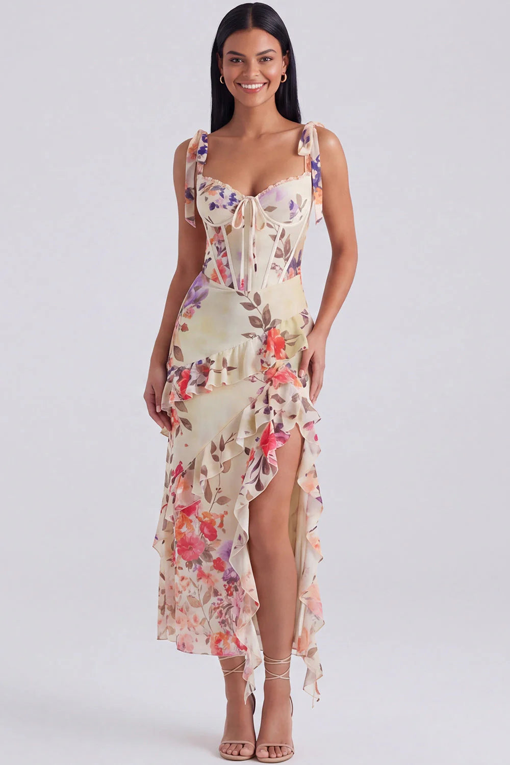 Black Ruffled Floral Corset Midi Wedding Guest Dress