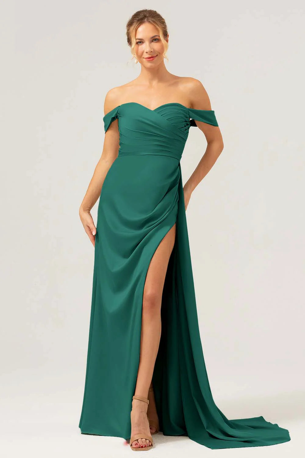 Stylish Dark Green Mermaid Off The Shoulder Pleated Satin Long Bridesmaid Dress with Slit