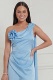 Sky Blue One Shoulder A Line 3D Flower High Low Wedding Guest Dress with Sash