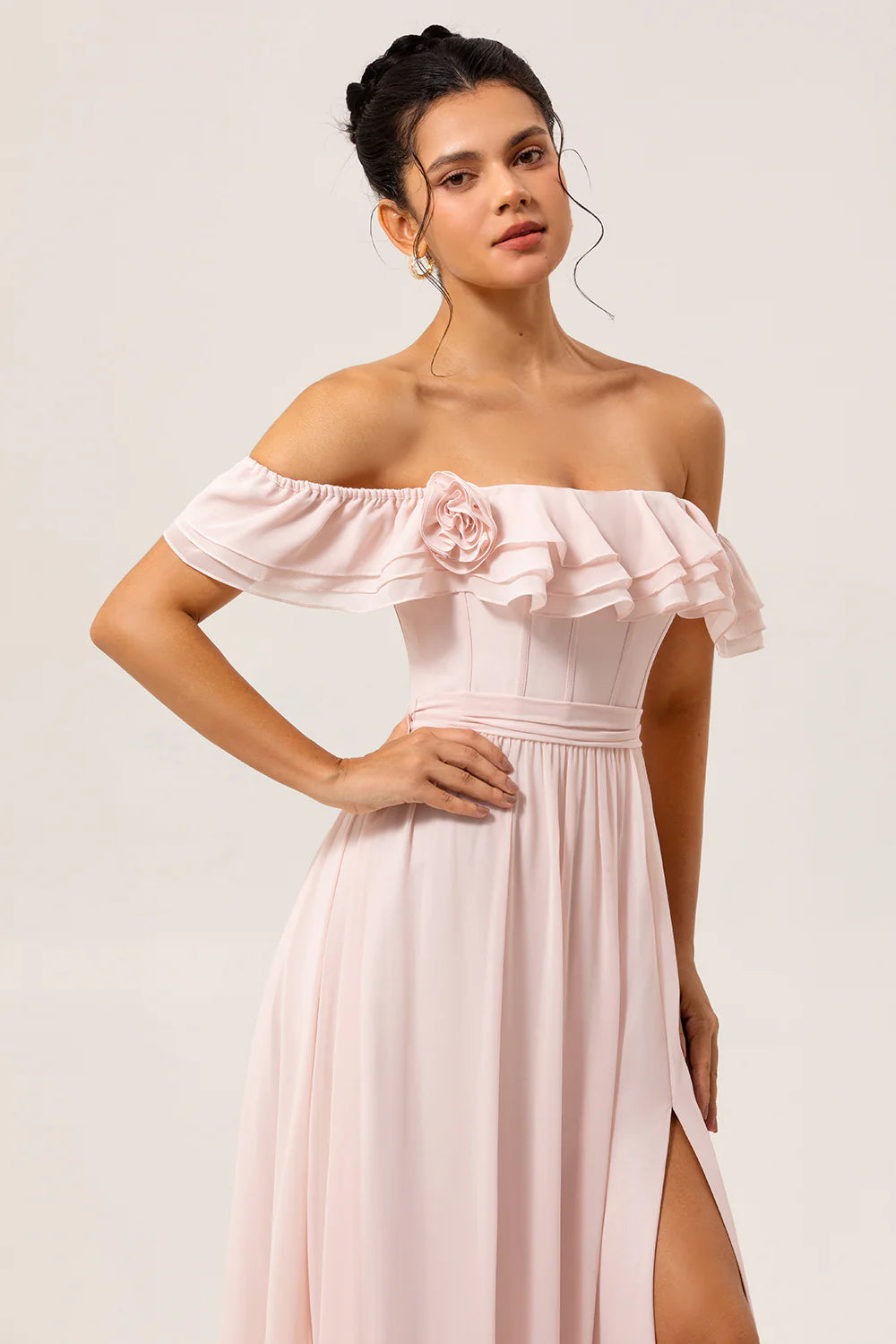 Blush A Line Off the Shoulder Ruffle Corset Chiffon Long Bridesmaid Dress with Rosette