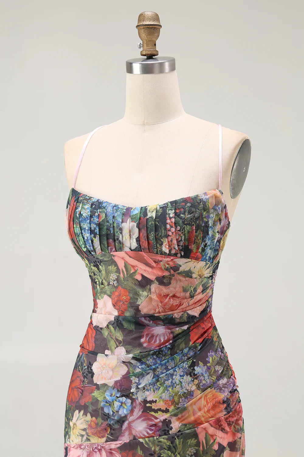 Black Flower Sheath Spaghetti Straps Print Maxi Dress with Lace Up Back
