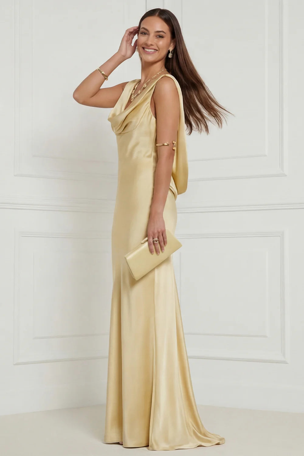 Champagne Mermaid Cowl Neck Satin Maxi Dress