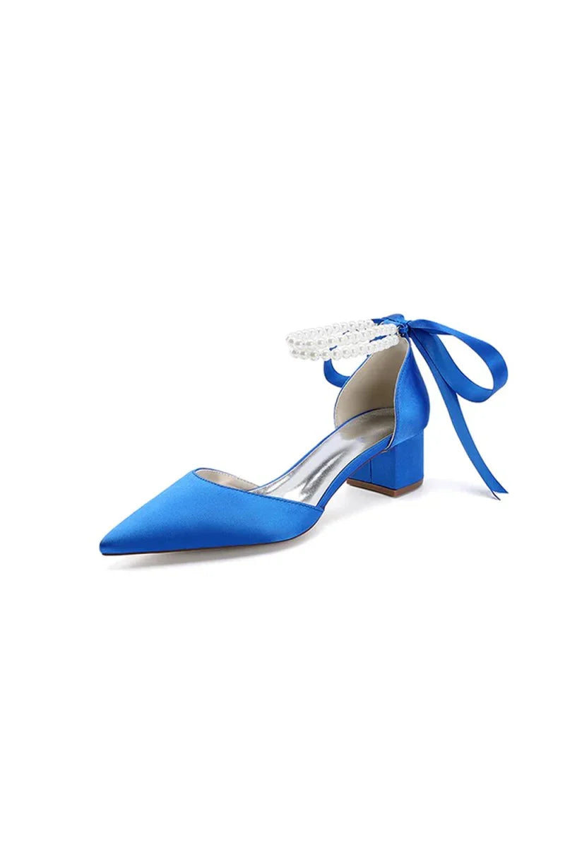 Pointed Toe Double Pearl Ankle Strap Party Shoes With Ribbon Tie