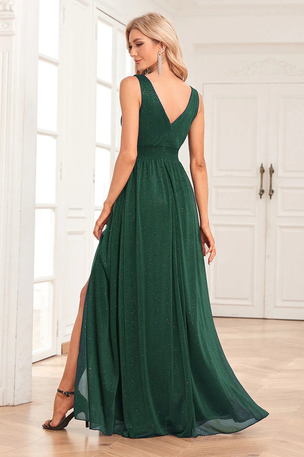 Dark Green A Line Sparkly V Neck Pleated Prom Dress with Slit