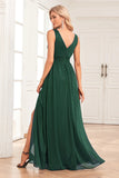Dark Green A Line Sparkly V Neck Pleated Prom Dress with Slit