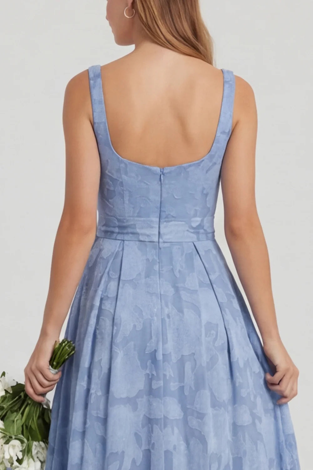 Dusty Blue Floral A Line Chiffon Long Bridesmaid Dress with Slit