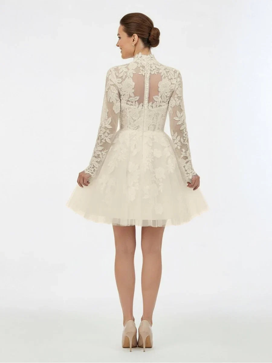 Short White A Line Illusion Neck Long Sleeves Lace Wedding Dresses