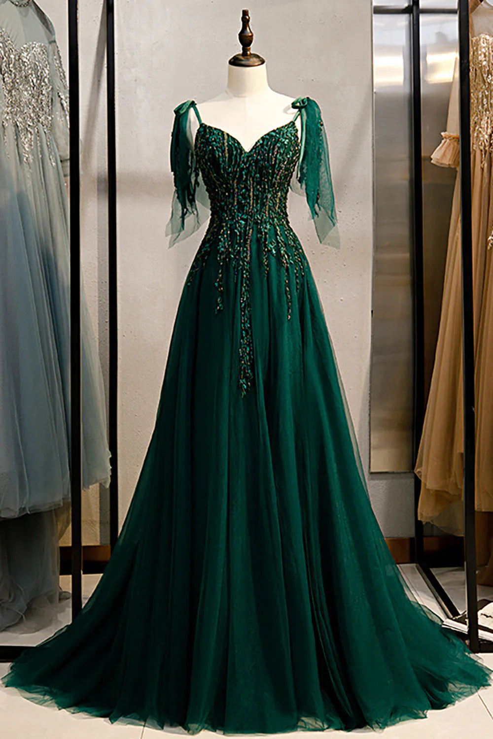 Dark Green A Line Spaghetti Straps Prom Dress with Beading