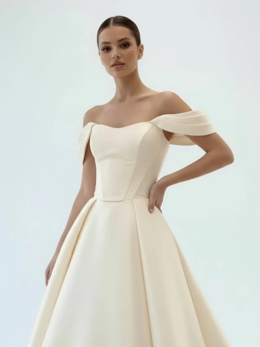 Elegant A Line Off the Shoulder White Satin Wedding Dresses