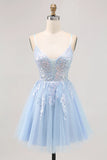 Sparkly Blue A Line Spaghetti Straps Sequins Short Homecoming Dress with Appliques