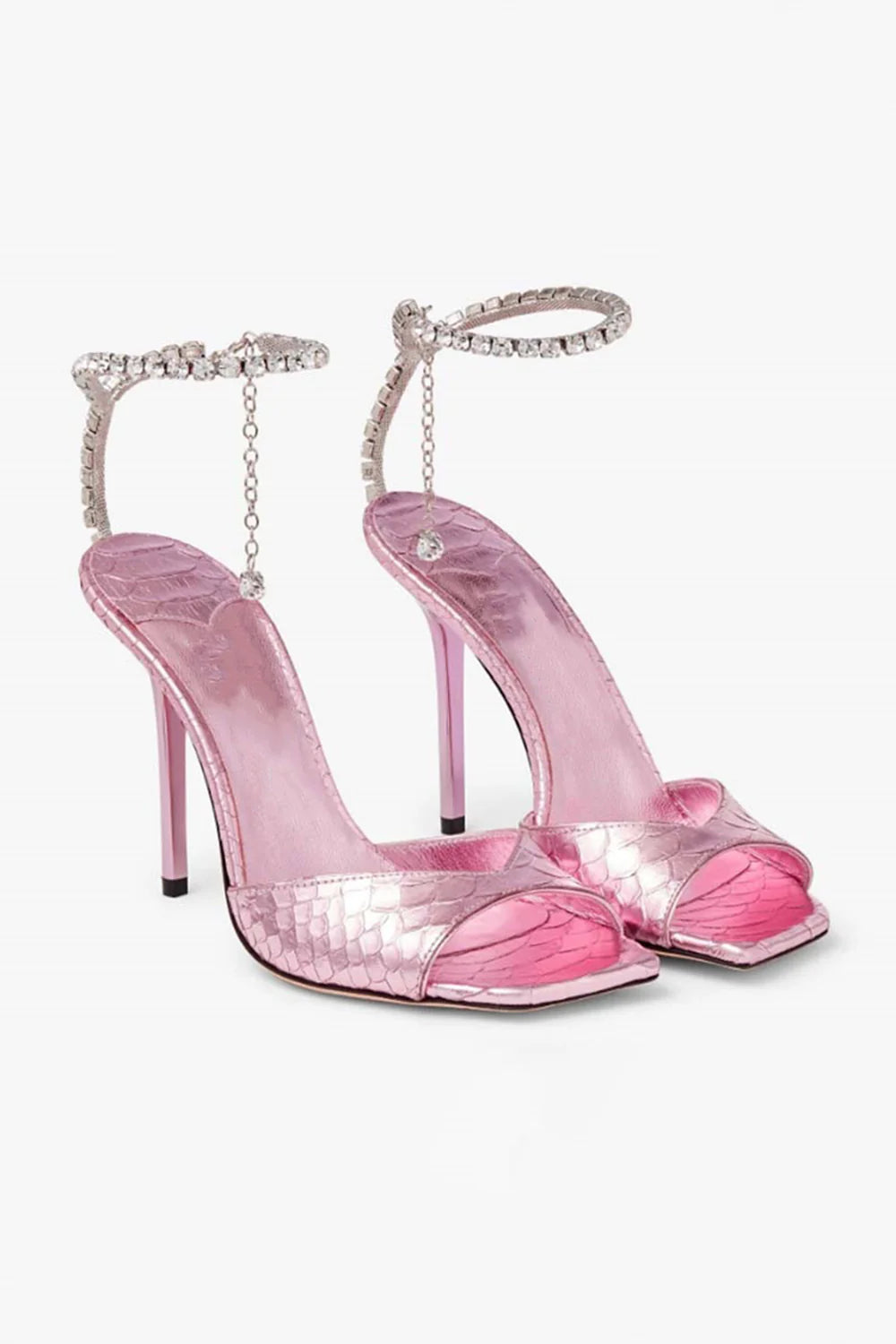 Emerald Croc Embossed Stiletto Heels with Crystal Ankle Strap