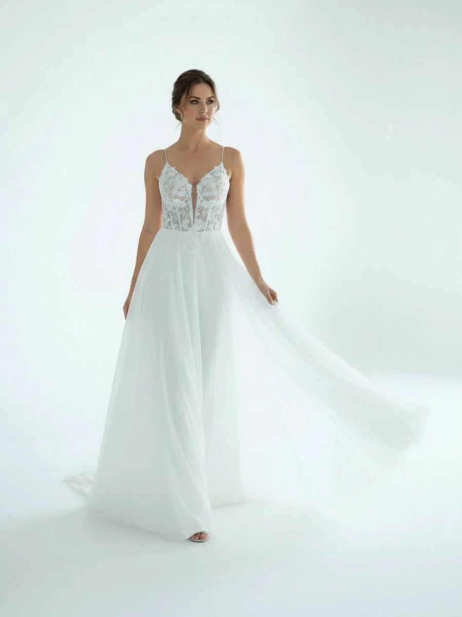 A Line V Neck Chiffon Boho White Appliques Wedding Dresses