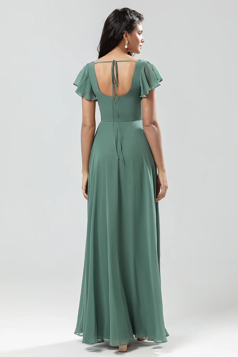 Eucalyptus A Line Square Neck Long Bridesmaid Dress with Slit