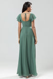 Eucalyptus A Line Square Neck Long Bridesmaid Dress with Slit