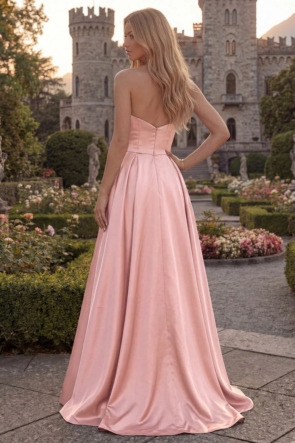 Fuchsia Strapless A Line Satin Maxi Prom Dress