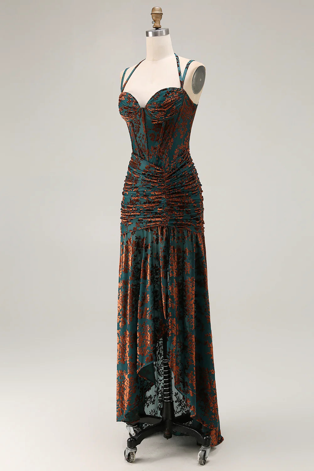Dark Green Sheath Sweetheart Corset Long Floral Burnout Dress with Slit