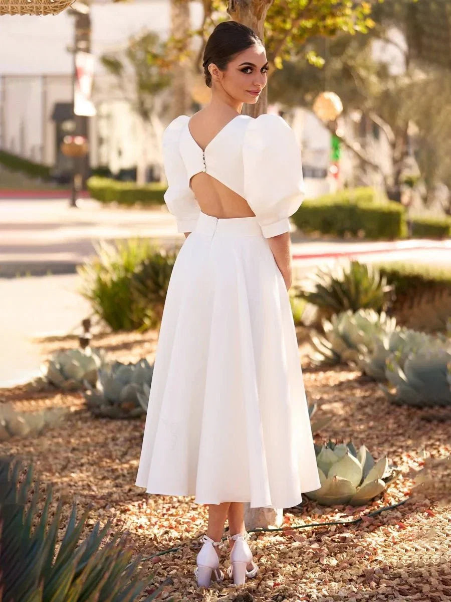 Elegant Bateau A Line Satin Knee length Wedding Dress