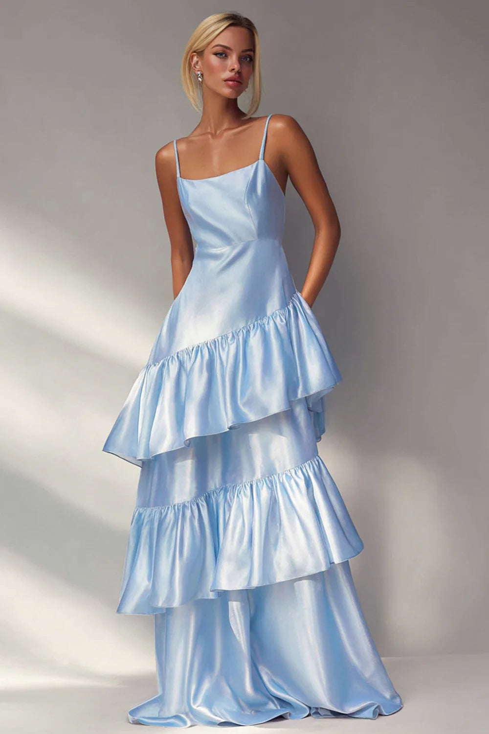 Light Blue A Line Tiered Ruffle Spaghetti Straps Long Formal Dress