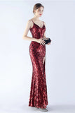 Burgundy Sheath Spaghetti Straps V neck Sequin Formal Dress with Slit