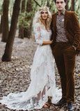 Tulle A Line Lace Appliques 3 4 Sleeve V Neck Romantic Bridal Wedding Gowns