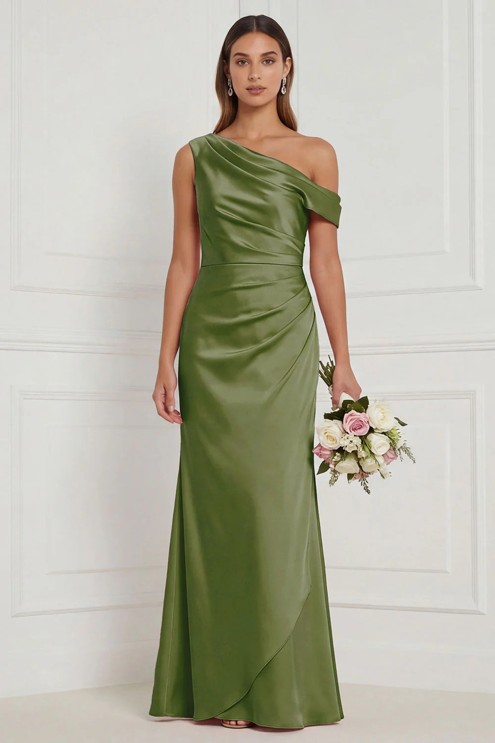 Burnt Orange Asymmetrical Neck Mermaid Ruched Satin Bridesmaid Dress