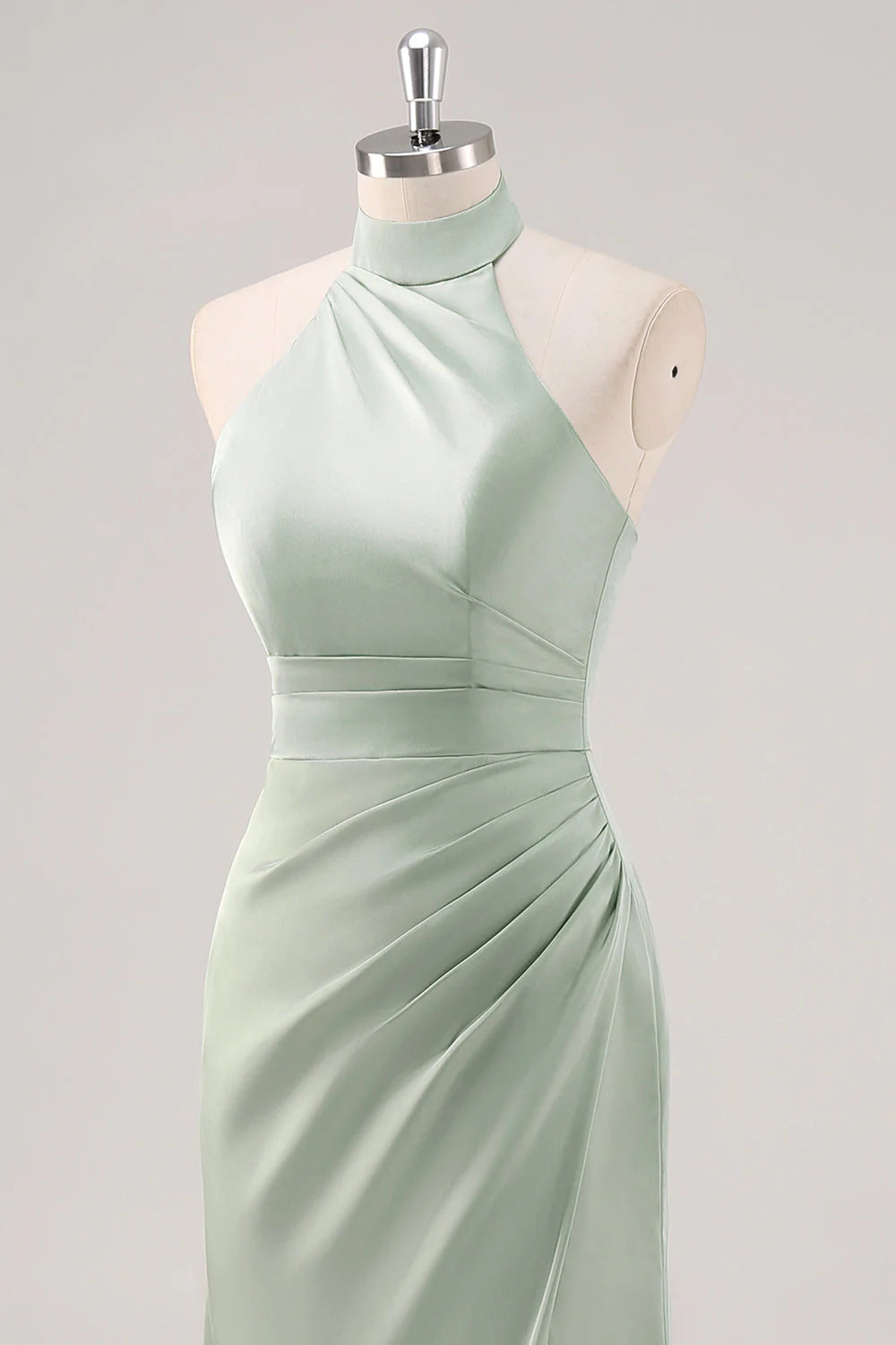 Sage Green Sheath Halter Ruched Satin Long Bridesmaid Dress with Slit