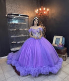 Ball Gown Organza Off the Shoulder Purple Quinceanera Dress