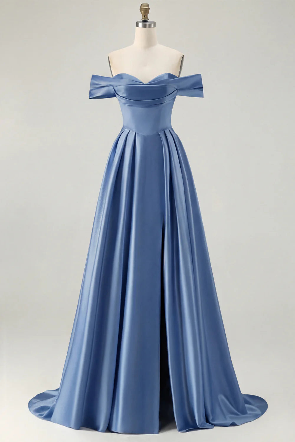Off the Shoulder A Line Blue Satin Long Bridesmaid Dress with Slit