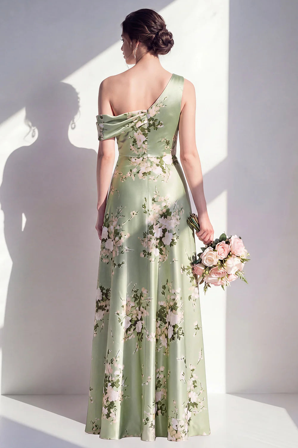 One Shoulder Sage Green A Line Satin Floral Bridesmaid Dress
