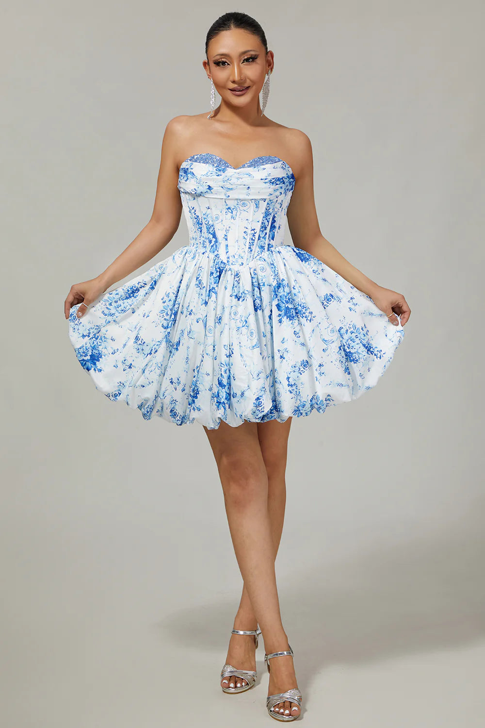 Pink Flower A Line Strapless Printed Homecoming Dress with Beading