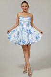 White Blue Flower A Line Strapless Printed Homecoming Dress with Beading