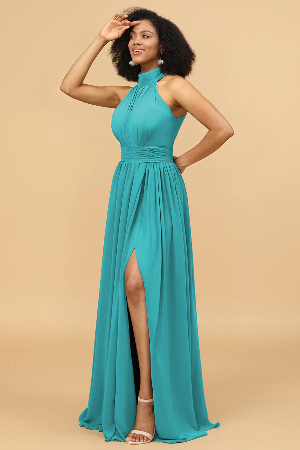 A Line Halter Ruched Floor Length Chiffon Bridesmaid Dress with Slit