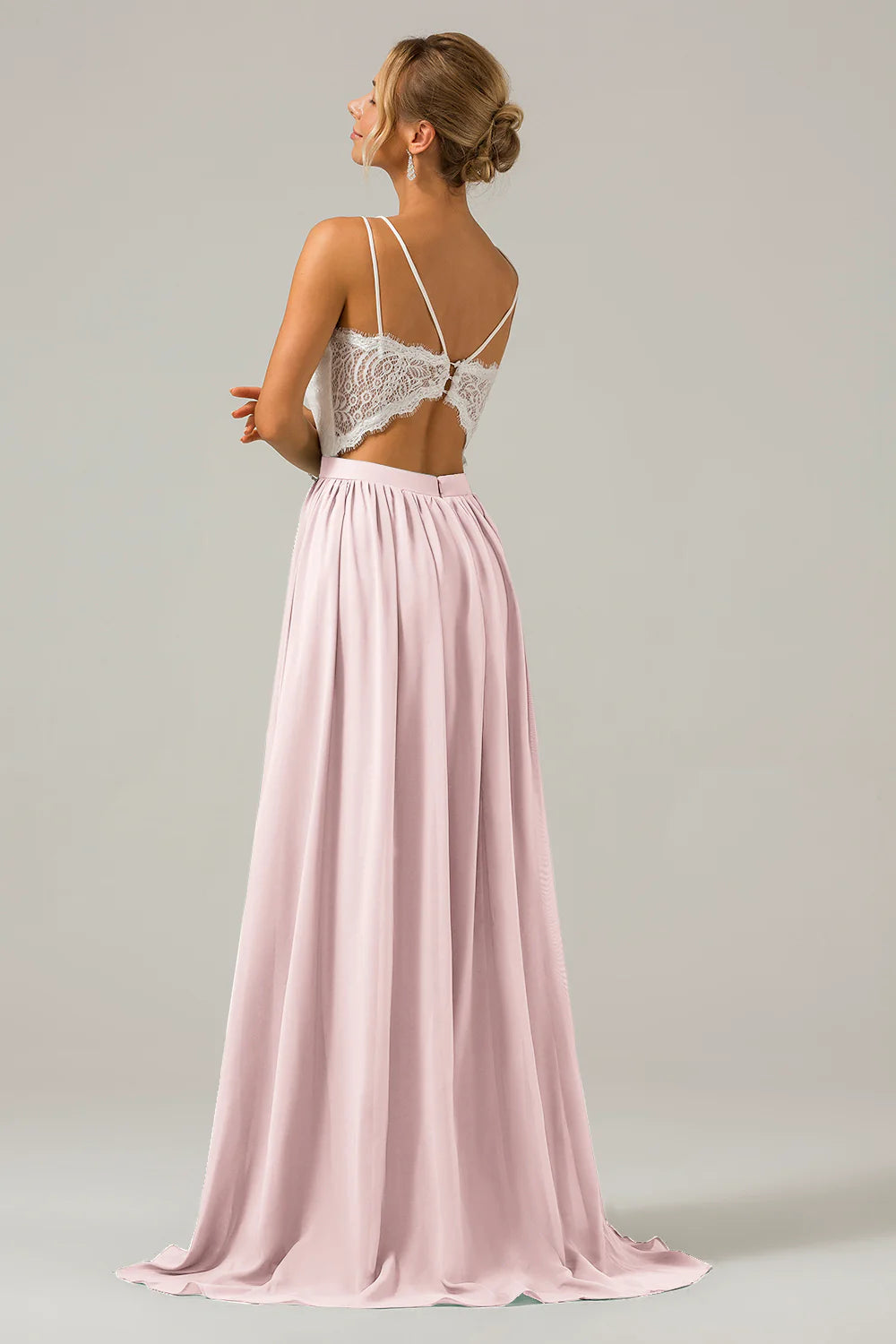 A Line Spaghetti Straps Pleated Long Bridesmaid Dress With Lace