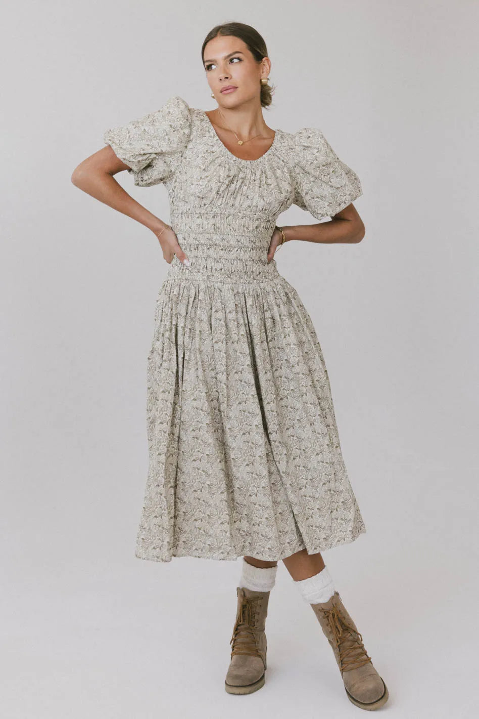 Lucille Smocked Floral Dress in Olive FINAL SALE