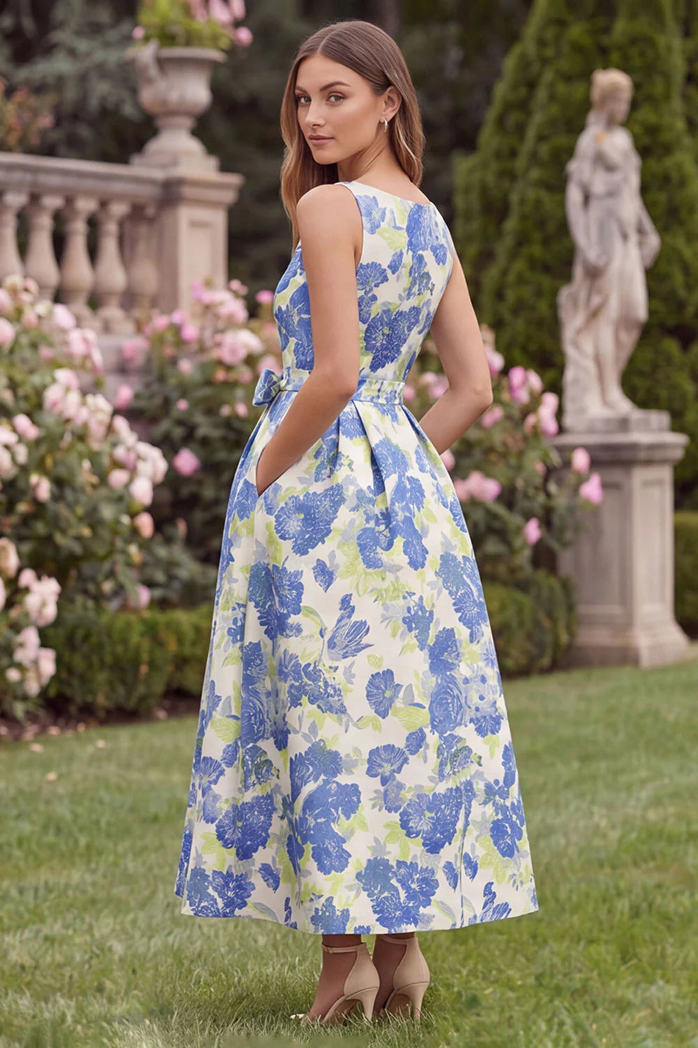 Blue Floral A Line Square Neck Midi Wedding Guest Dress with Bow