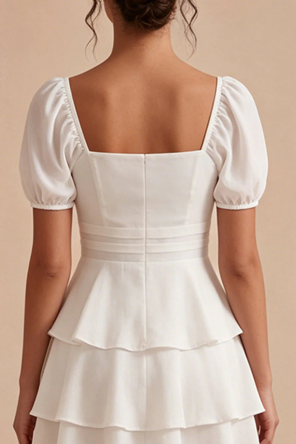 White A Line Tiered Ruffle Square Neck Mini Dress with Puff Sleeves