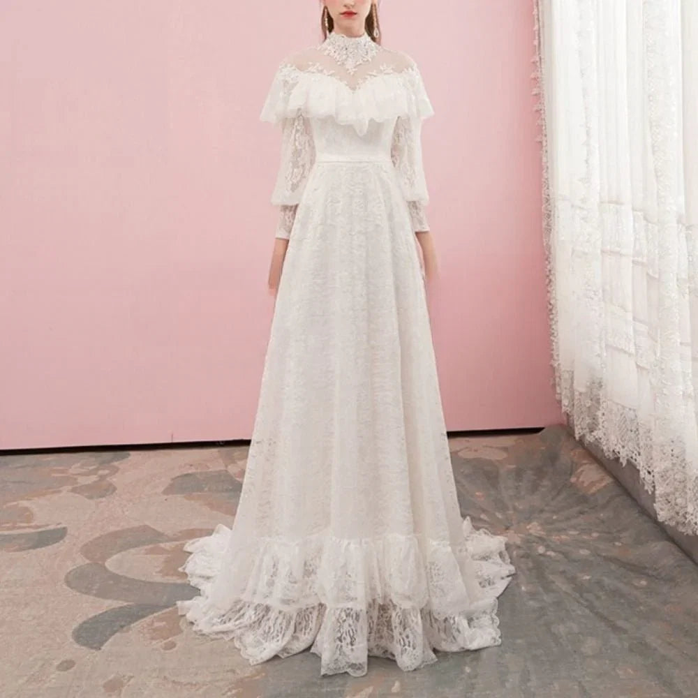 A Line Lace Appliques Illusion Neck Wedding Dresses