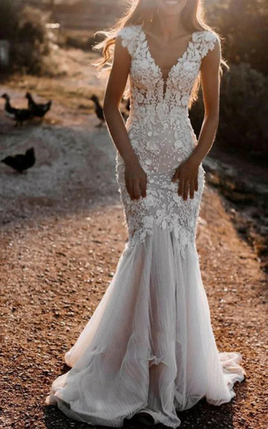 Boho Mermaid Wedding Dress Floral V neck Casual Gown with Open Back and Lace Appliques