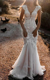 Boho Mermaid Wedding Dress Floral V neck Casual Gown with Open Back and Lace Appliques