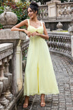 Lemon Yellow A Line Square Neck Keyhole Pleated Midi Dress