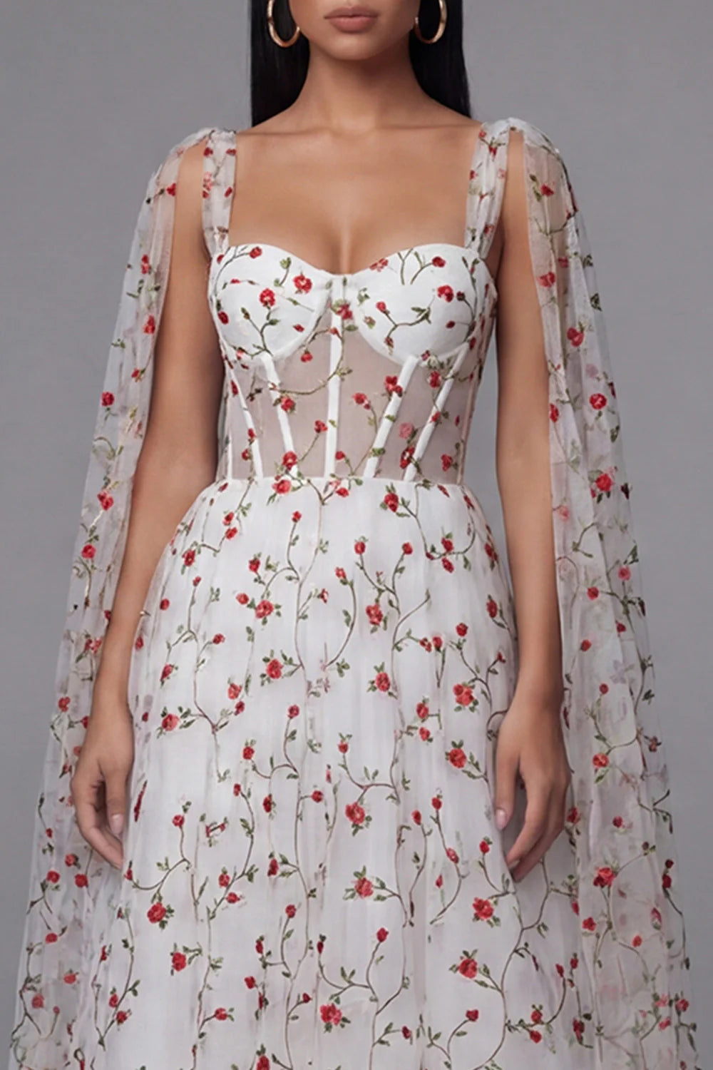 Ivory Floral Corset A Line Midi Wedding Guest Dress with Streamer