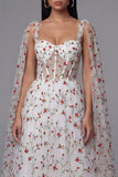 Ivory Floral Corset A Line Midi Wedding Guest Dress with Streamer