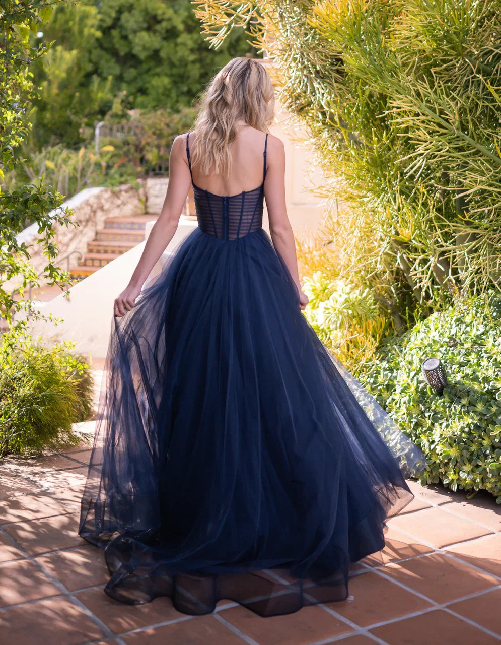 Yasmin Gown Navy Tulle A line Dress With Pleated Bodice