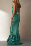 Emerald Green Mermaid Satin Ruffle Long Formal Dress