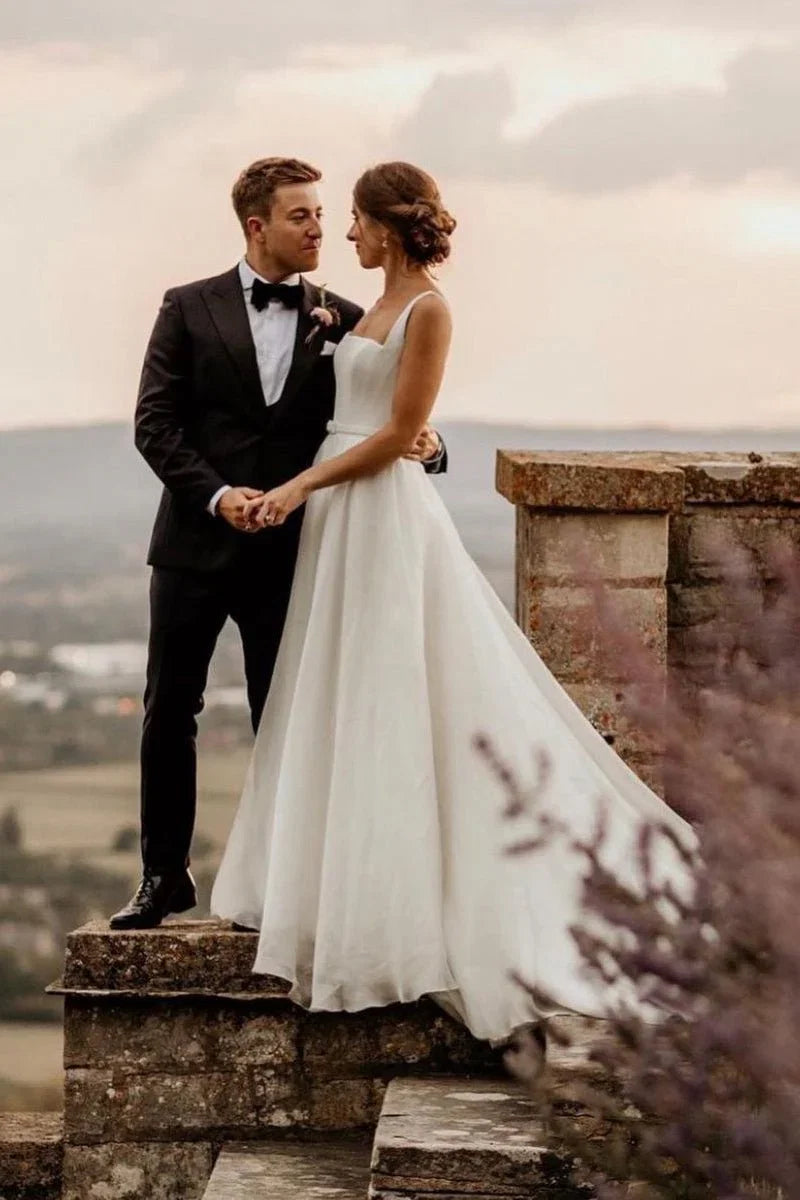 Chaming A Line Square Neck White Wedding Dresses