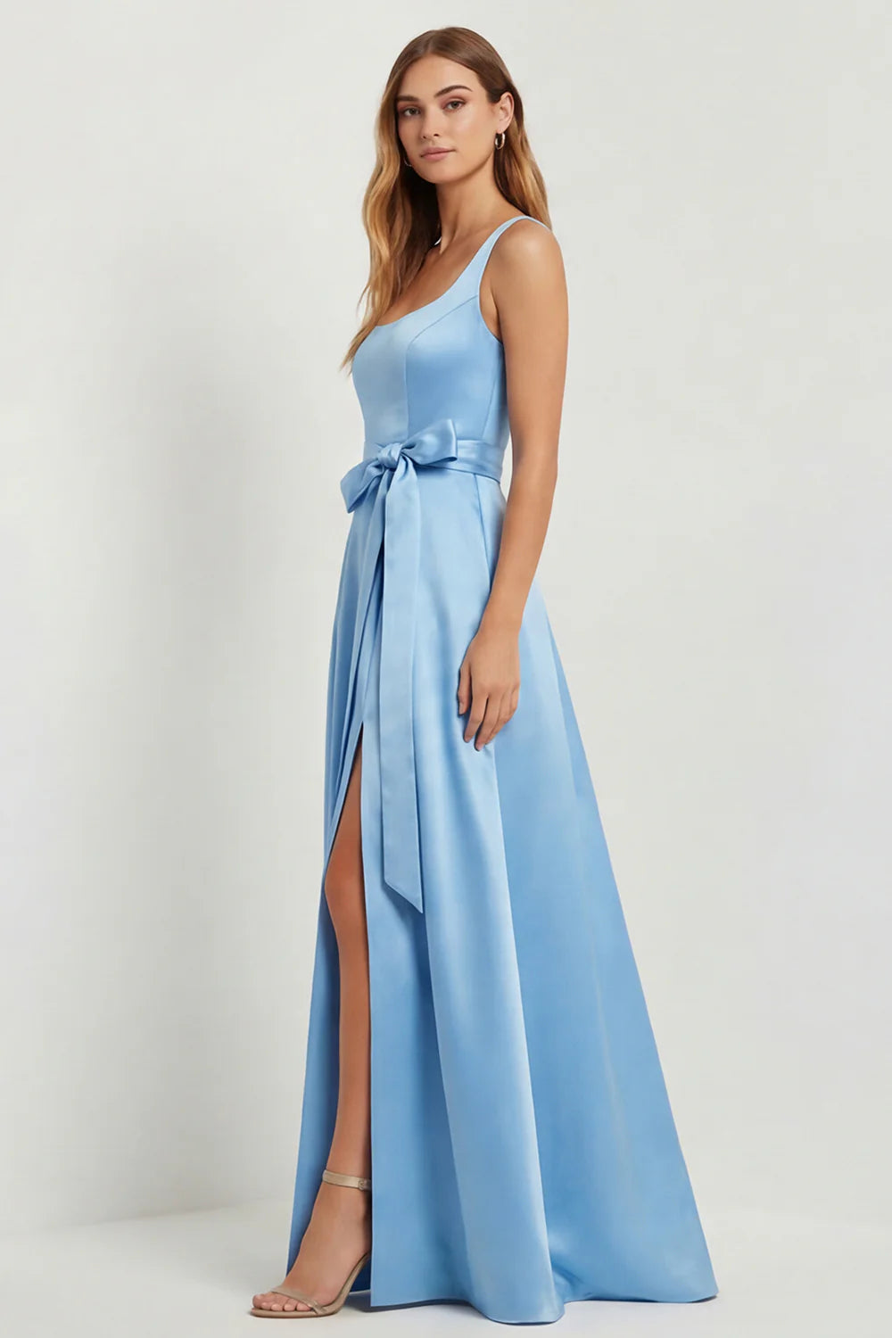 Light Blue A Line Square Neck Bow Satin Long Bridesmaid Dress with Slit