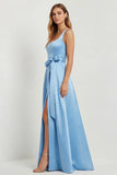 Light Blue A Line Square Neck Bow Satin Long Bridesmaid Dress with Slit