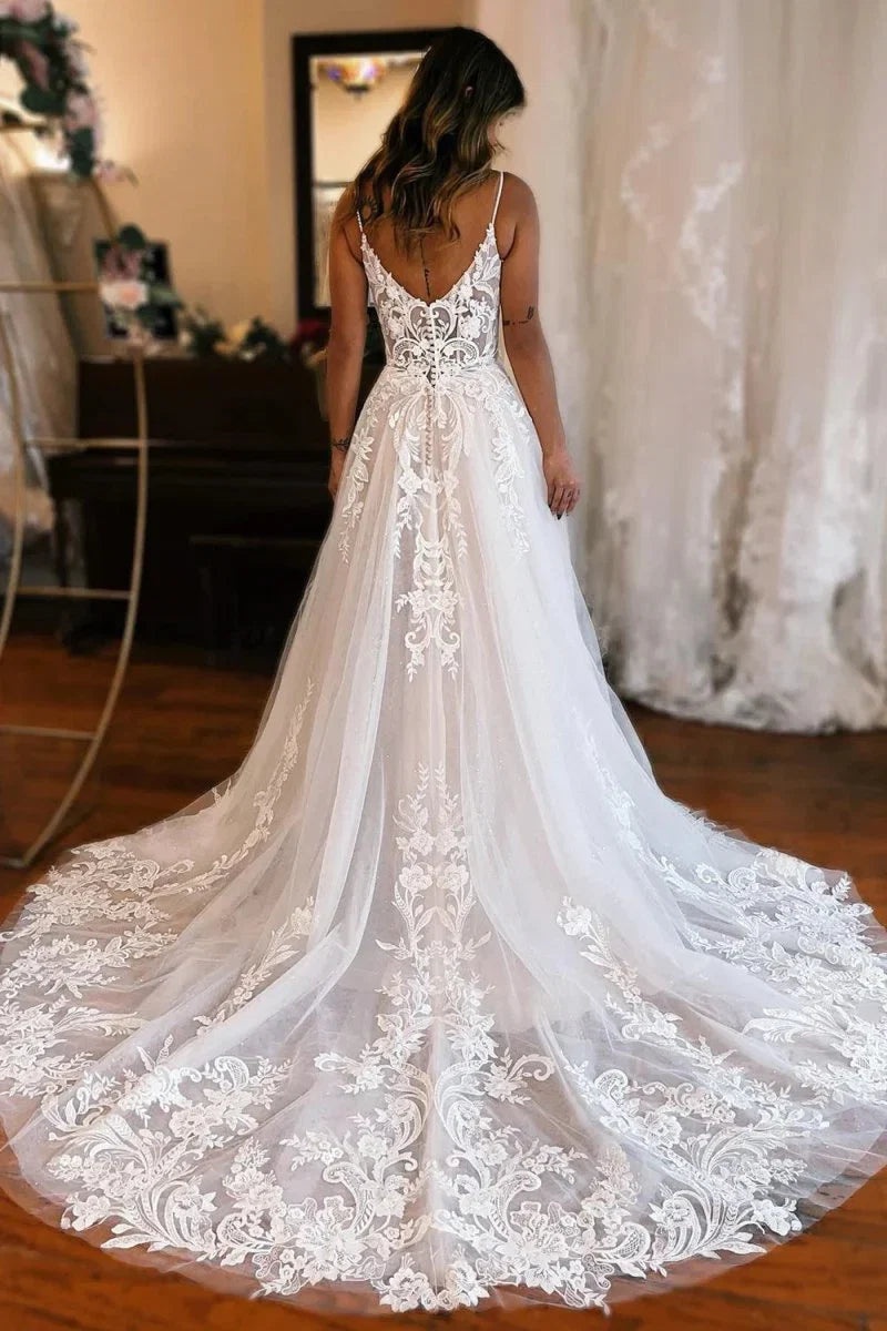 A Line Off The Shoulder Wedding Dress With Appliques And Slit