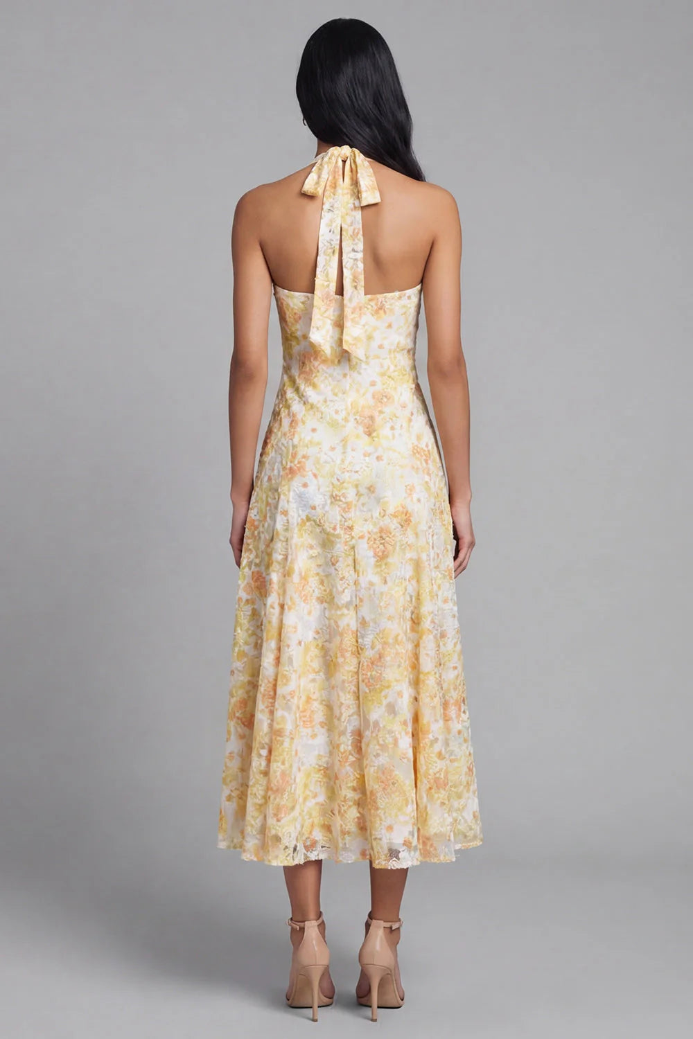 Floral Halter A Line Yellow Wedding Guest Dress